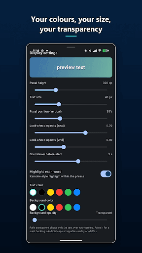 Promptness display settings showing panel height, text size, look-ahead opacity, and colour swatches.