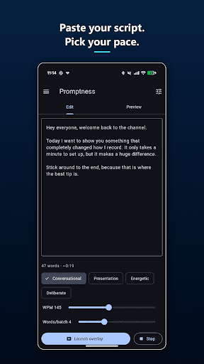 The Promptness editor with a pasted script, a word count, pace presets, and a words-per-minute slider.