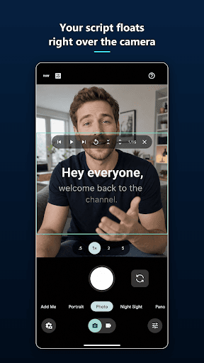 The Promptness band floating over an Android camera app while a presenter speaks to the lens.